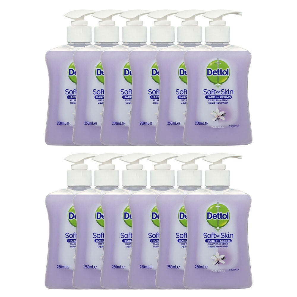12x Dettol 250ml Liquid Soft on Skin Hand Wash Antibacterial Vanilla/Orchid Pump