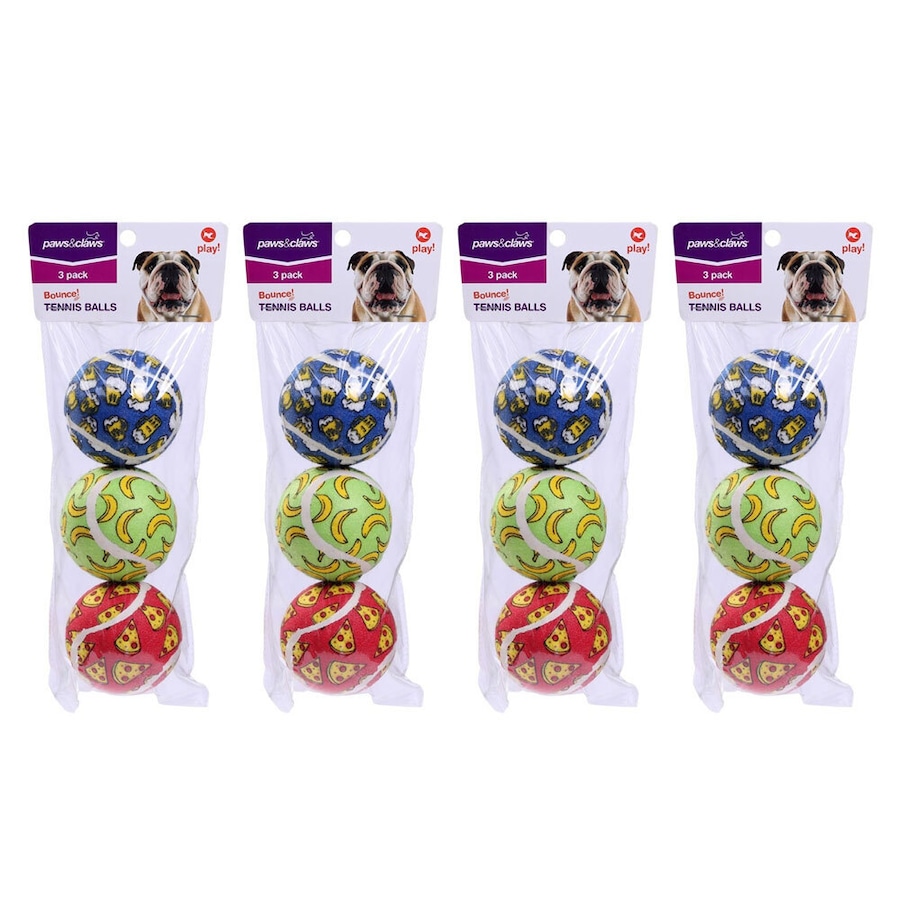 12x Paws & Claws 6cm Tennis Balls Printed Dog Toy Interactive Fun Toys Play Asst