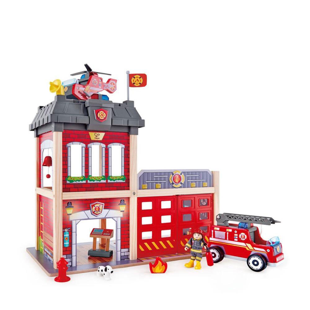 13pc Hape 60cm City Fire Station Kids 3y+ Wooden Toy w/Fire Fighter/Dog Figures