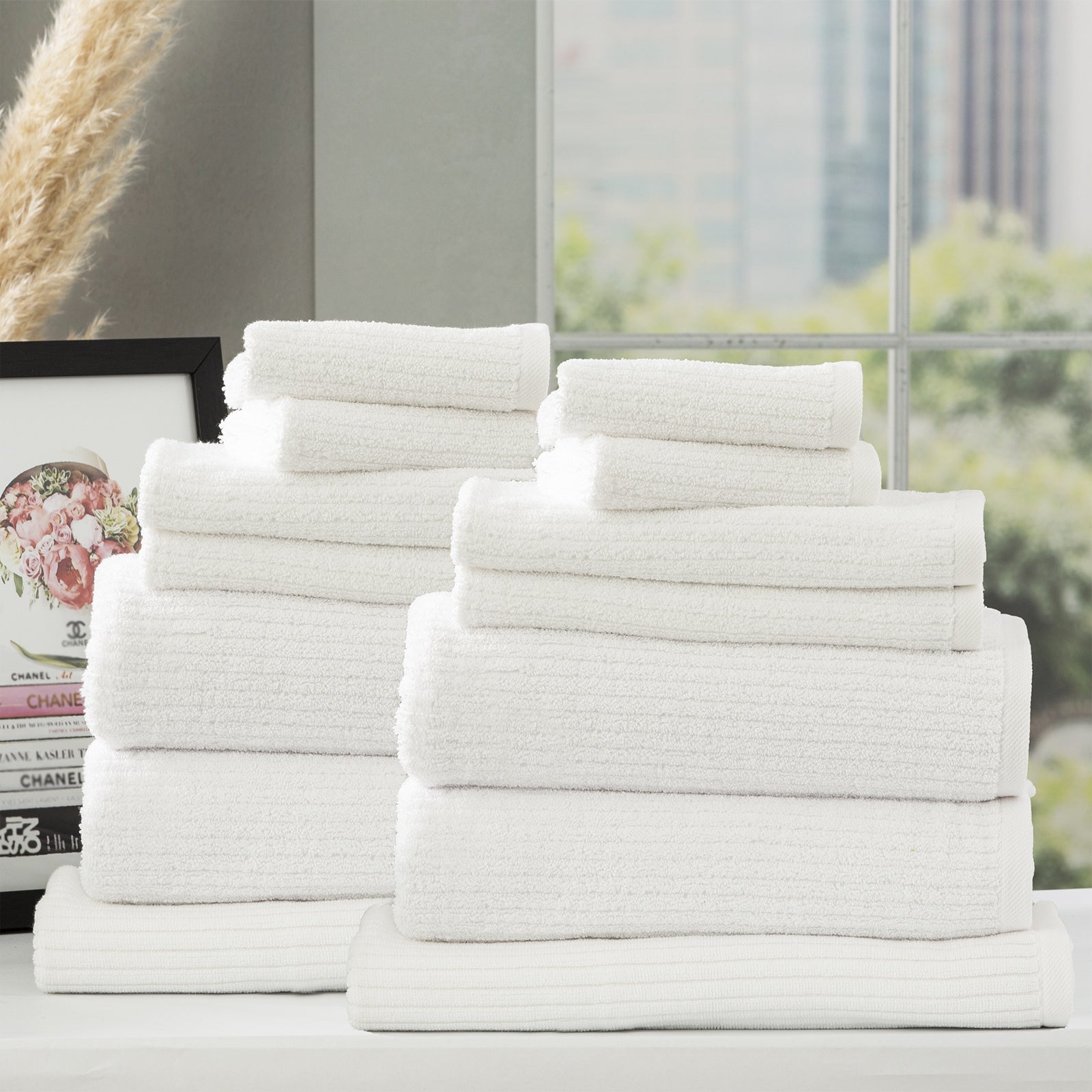 14pc Renee Taylor Cobblestone Bath/Hand Towel Set 650 GSM Cotton Ribbed White
