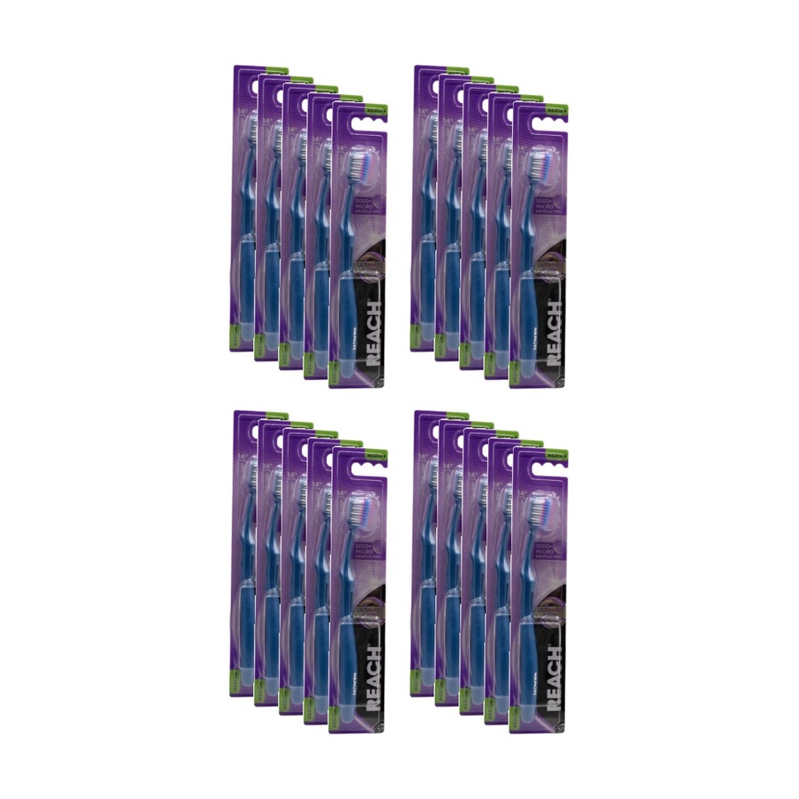 20PK Reach Ultimate Care Toothbrush W/ 14-Degree Angled Neck Med Asstd Colours