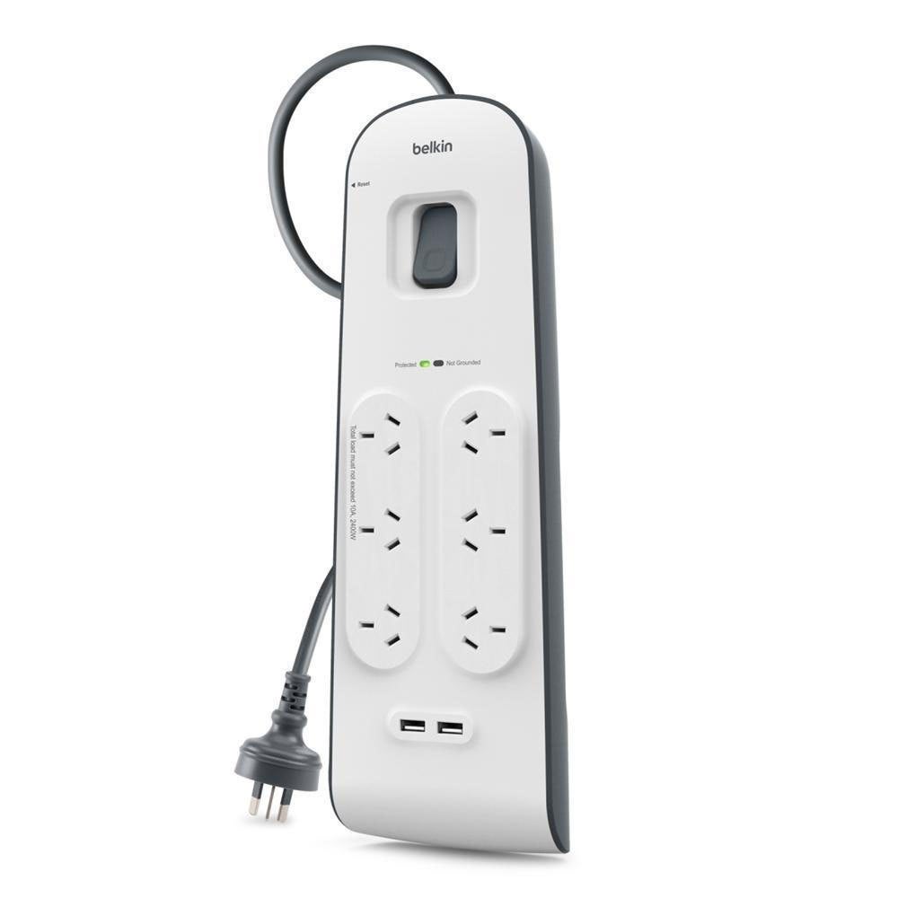 Belkin 6 Way Outlet Surge Protector 2M Power Board 2.4A w 2 USB Ports Charger