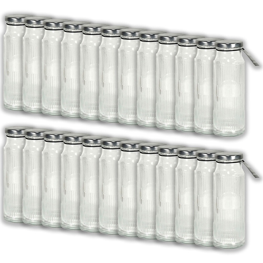 24PK Glass & Co Cleo Round Ribbed Silver Metal Lid Water Bottle 250ml Clear