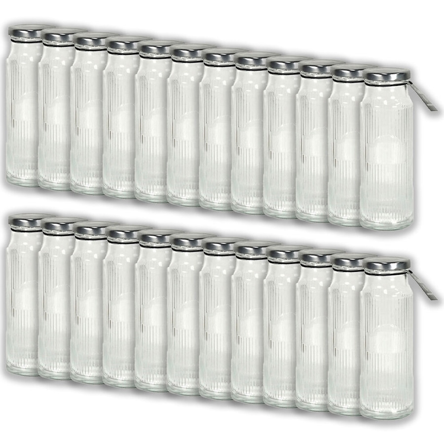 24PK Glass & Co Cleo Round Ribbed Silver Metal Lid Water Bottle 250ml Clear