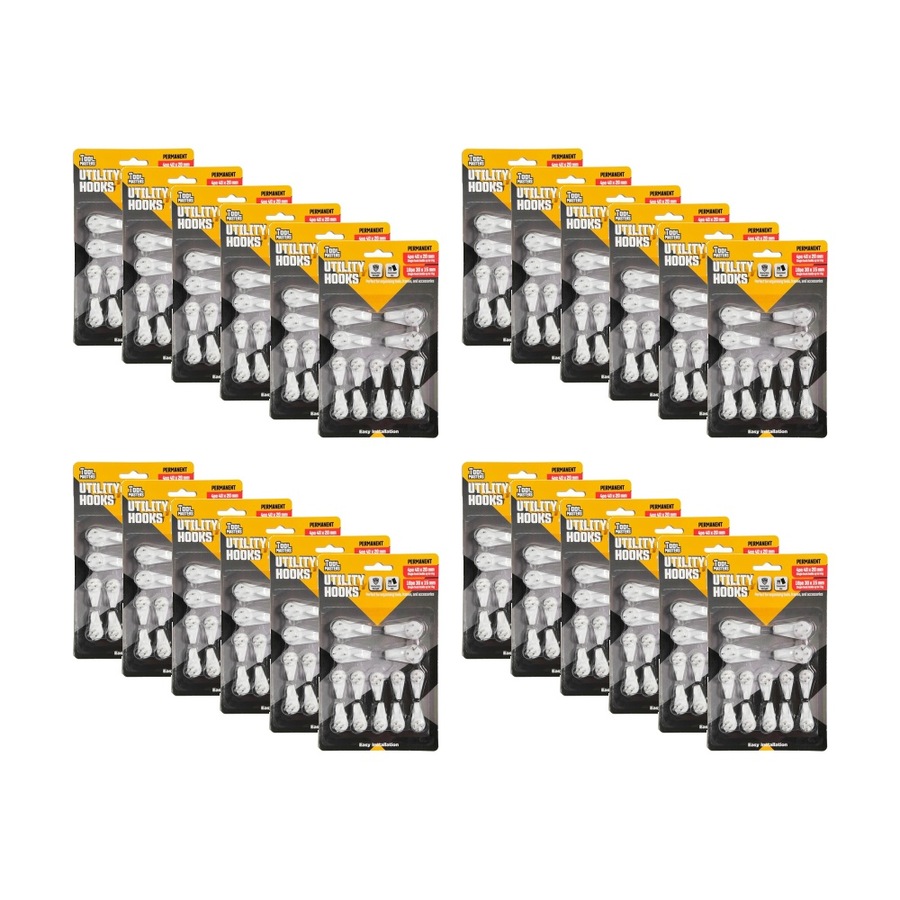 24x 14pc Tool Masters Utility Hooks Set Holds 5kg 40x20mm/30x15mm White