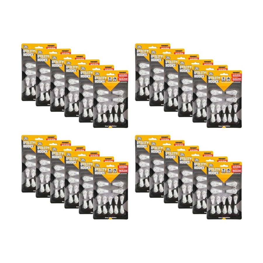 24x 14pc Tool Masters Utility Hooks Set Holds 5kg 40x20mm/30x15mm White