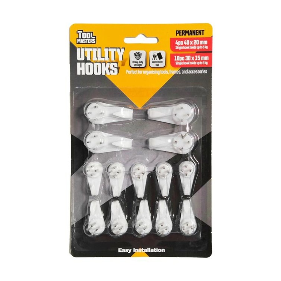 24x 14pc Tool Masters Utility Hooks Set Holds 5kg 40x20mm/30x15mm White