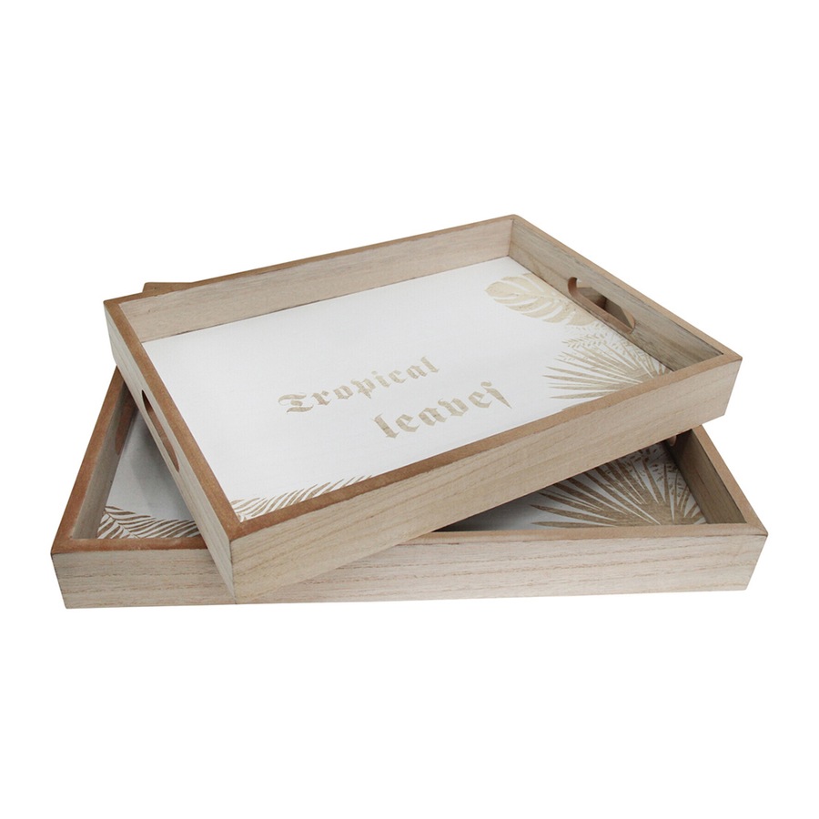 2pc Decorative MDF/Glass 40/35cm Serving Tray w/ Handles Storage Rectangle Palm
