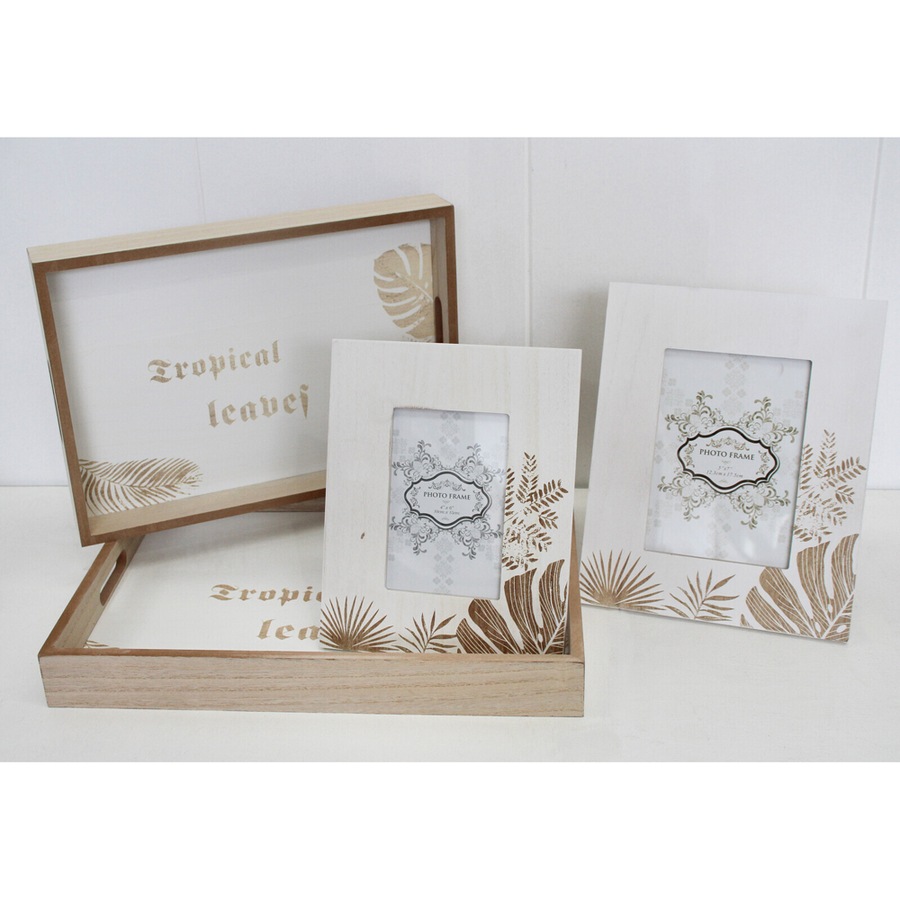 2pc Decorative MDF/Glass 40/35cm Serving Tray w/ Handles Storage Rectangle Palm