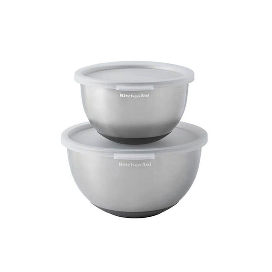 2pc KitchenAid Stainless Steel Food Mixing Bowls With Lids Silver
