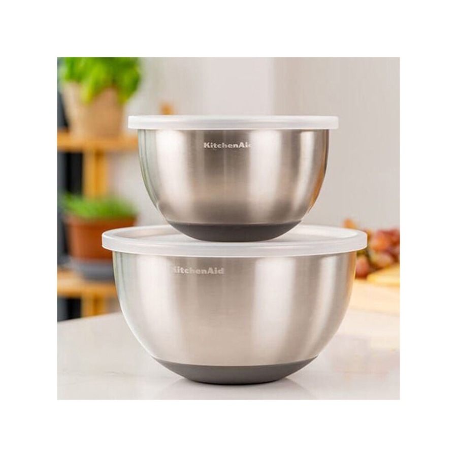 2pc KitchenAid Stainless Steel Food Mixing Bowls With Lids Silver
