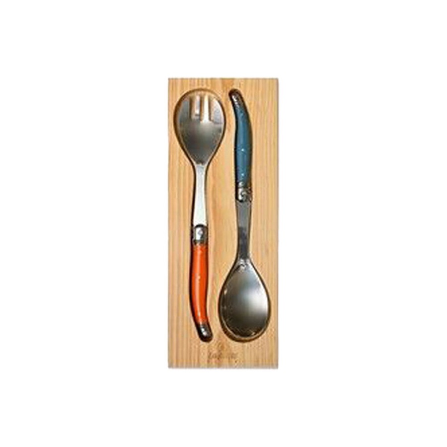 2pc Laguiole Elite Salad Servers Stainless Steel w/Wood Tray Dark Blue/Orange