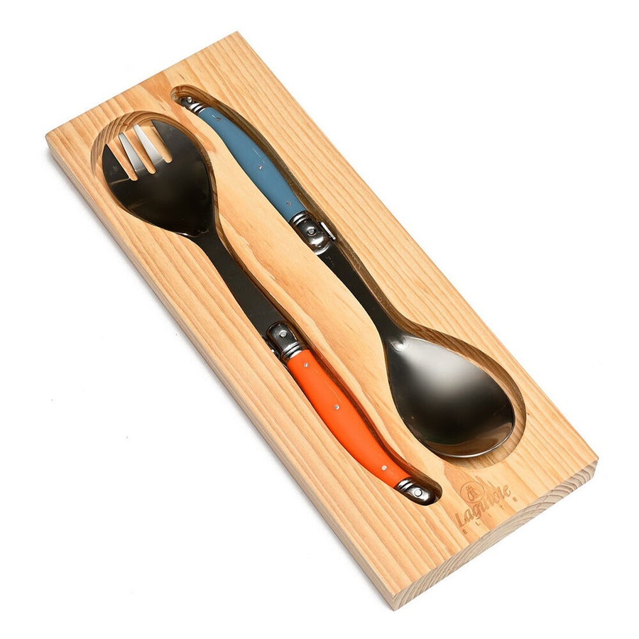 2pc Laguiole Elite Salad Servers Stainless Steel w/Wood Tray Dark Blue/Orange