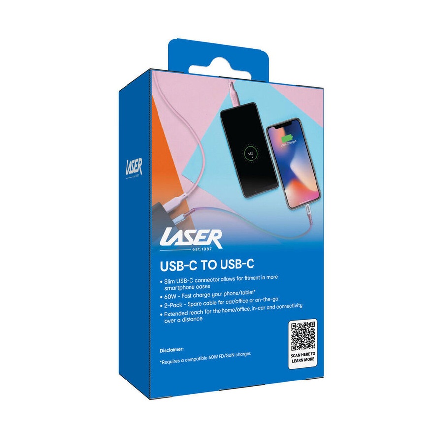 2pc Laser 1m USB-C to C Charging Cable for Samsung & iPhone 16 Rainbow/Pink