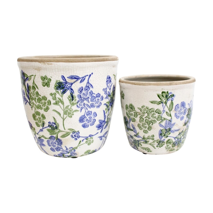 2pc LVD Handcrafted Glazed Medium Botanical Blue Ceramic Planter Set Lrg/Sml
