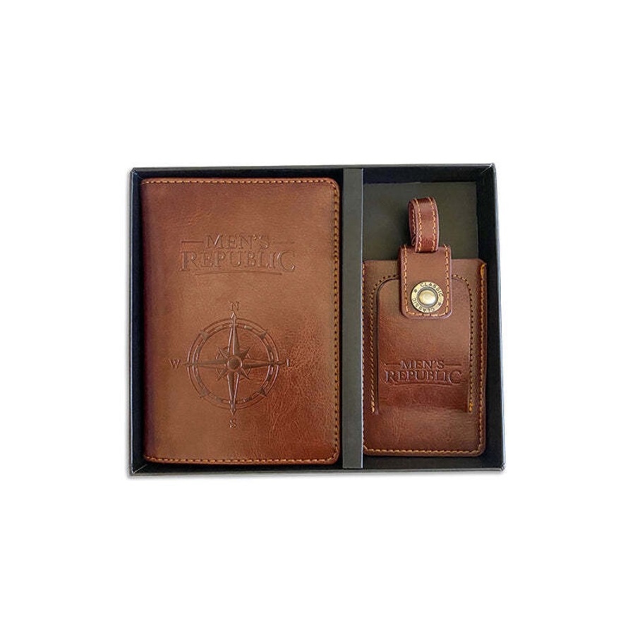 2pc Men's Republic Portable Travel Wallet & Luggage Tag Faux Leather Gift Set