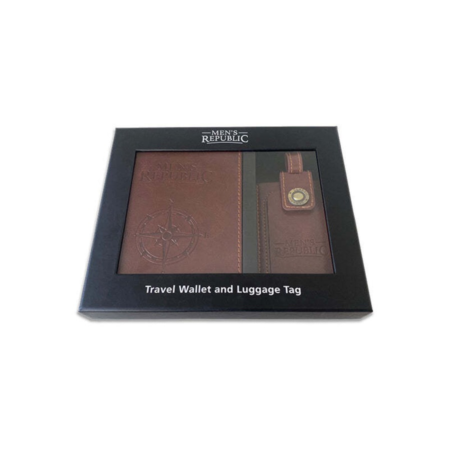 2pc Men's Republic Portable Travel Wallet & Luggage Tag Faux Leather Gift Set