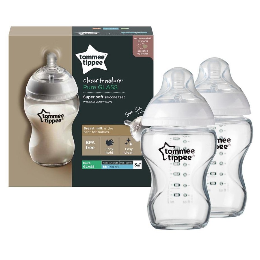 2pc Tommee Tippee 250ml Closer To Nature Glass BPA Free Baby Feeding Bottle 3m+