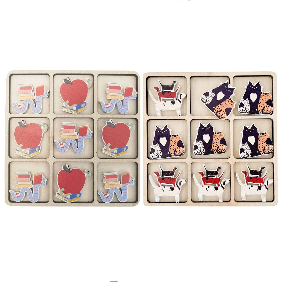 2pc Urban Cat/Dog and Bookworm Tic Tac Toe Wooden Board Game Set 17cm