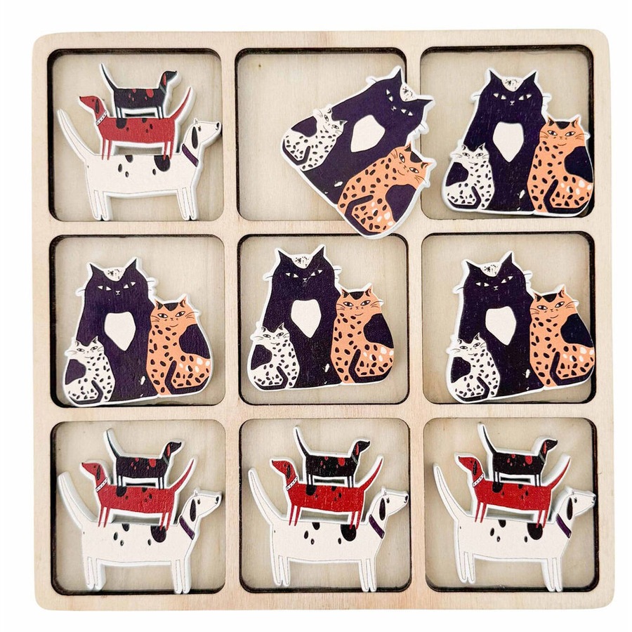 2pc Urban Cat/Dog and Bookworm Tic Tac Toe Wooden Board Game Set 17cm