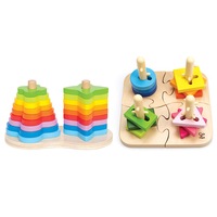 2PK 19pc Hape Double Rainbow Stacker & Creative Puzzle Shapes Kids Wooden Toy
