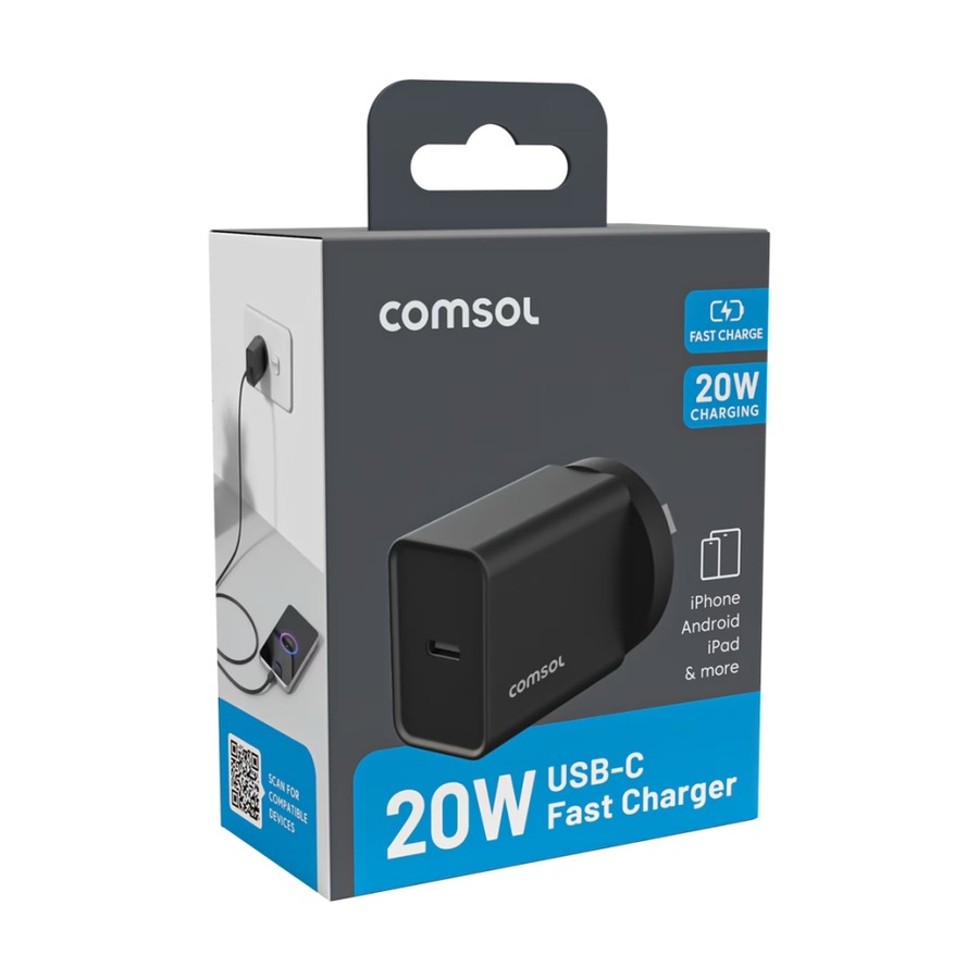 2PK Comsol USB-C Wall Fast Charge Compact Universal Charger Black 20W