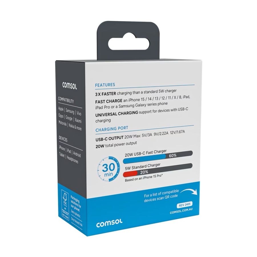 2PK Comsol USB-C Wall Fast Charge Compact Universal Charger Black 20W