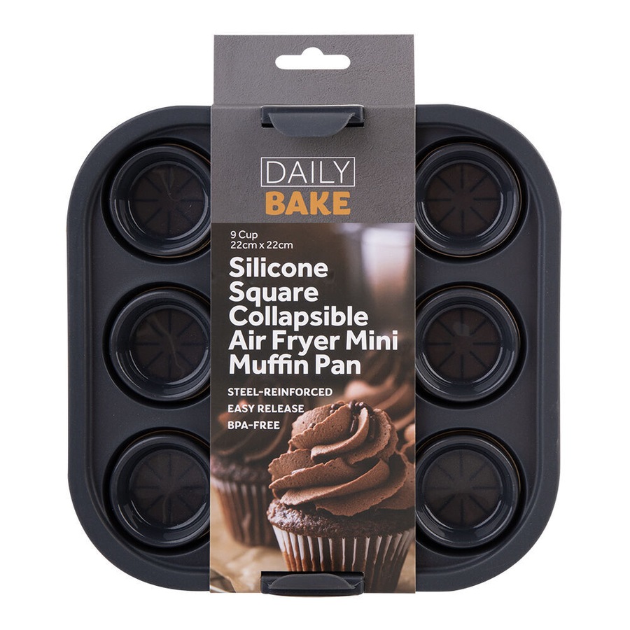 2PK Daily Bake Silicone Square Collapsible Air Fryer 9-Cup Mini Muffin Pan 22cm