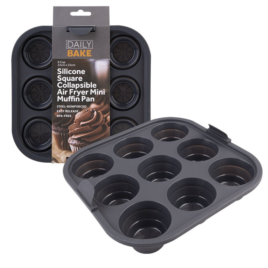 2PK Daily Bake Silicone Square Collapsible Air Fryer 9-Cup Mini Muffin Pan 22cm