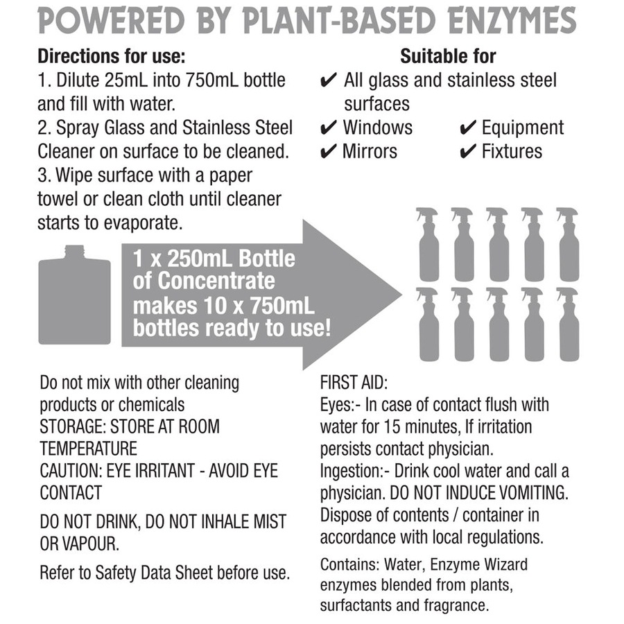 2PK Enzyme Magic Glass and Stainless Steel Cleaner 250ml Concentrate Makes 7.5L