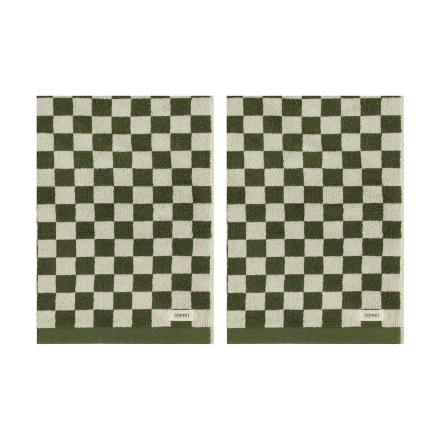 2PK Esprit 550GSM Zenith Bathroom Cotton Bath Towel Checkered Olive Khaki Green