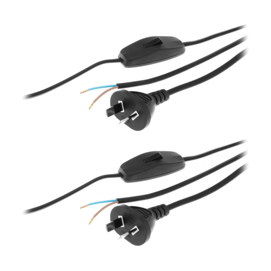 2PK Inline Switch Power Lead Black 3M 2 Core Cord with 3 Metre Cable