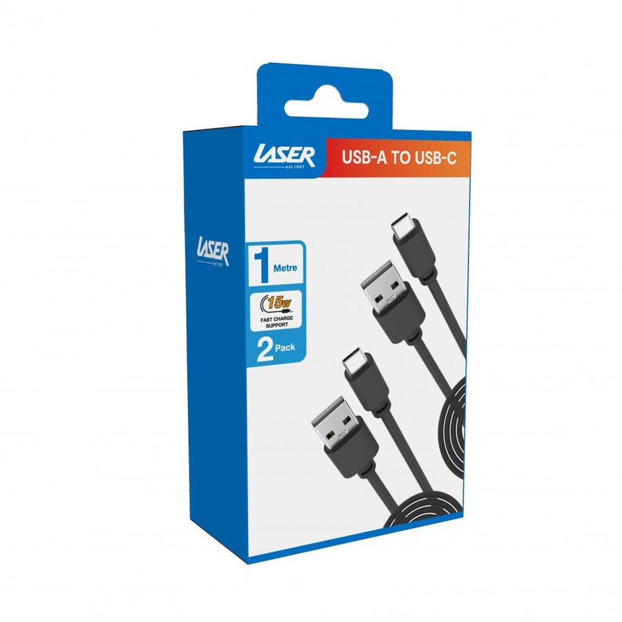 2PK Laser USB-A to USB-C Fast Charging Data Sync Cable Connector Cord 1m Black