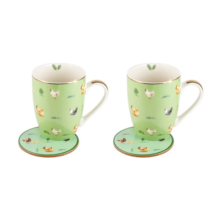 2PK LMD Chickens Farm Lane New Bone China Coffee Mug w/ Coaster 360ml Green