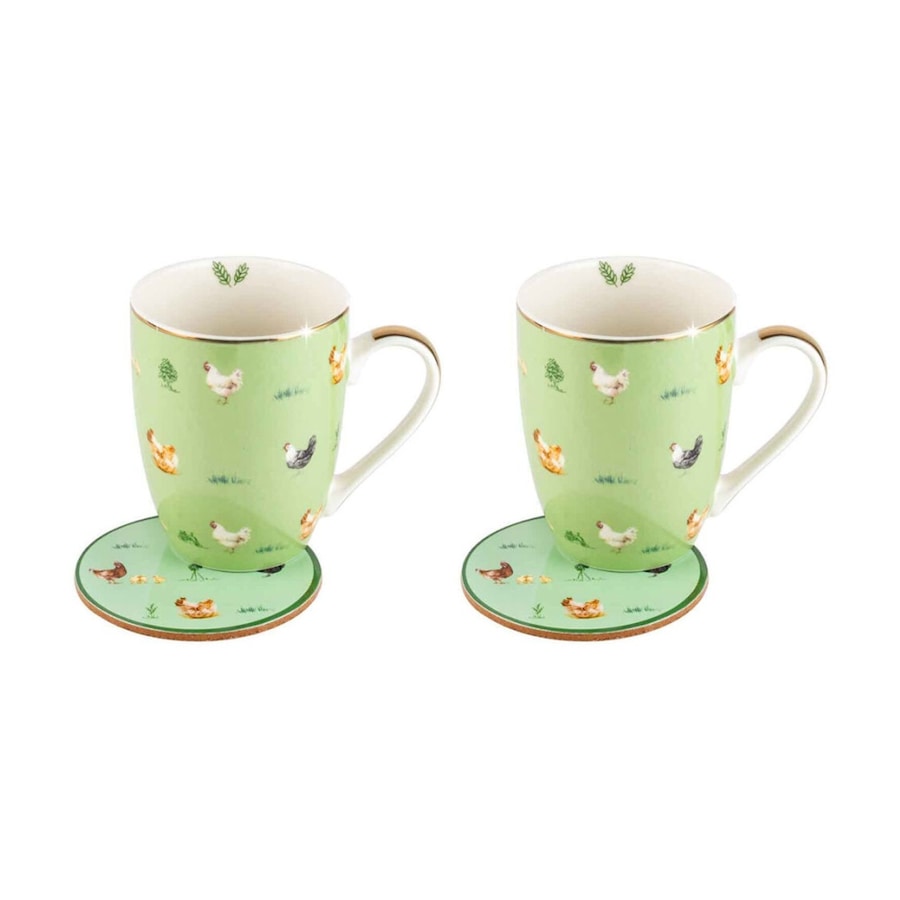 2PK LMD Chickens Farm Lane New Bone China Coffee Mug w/ Coaster 360ml Green