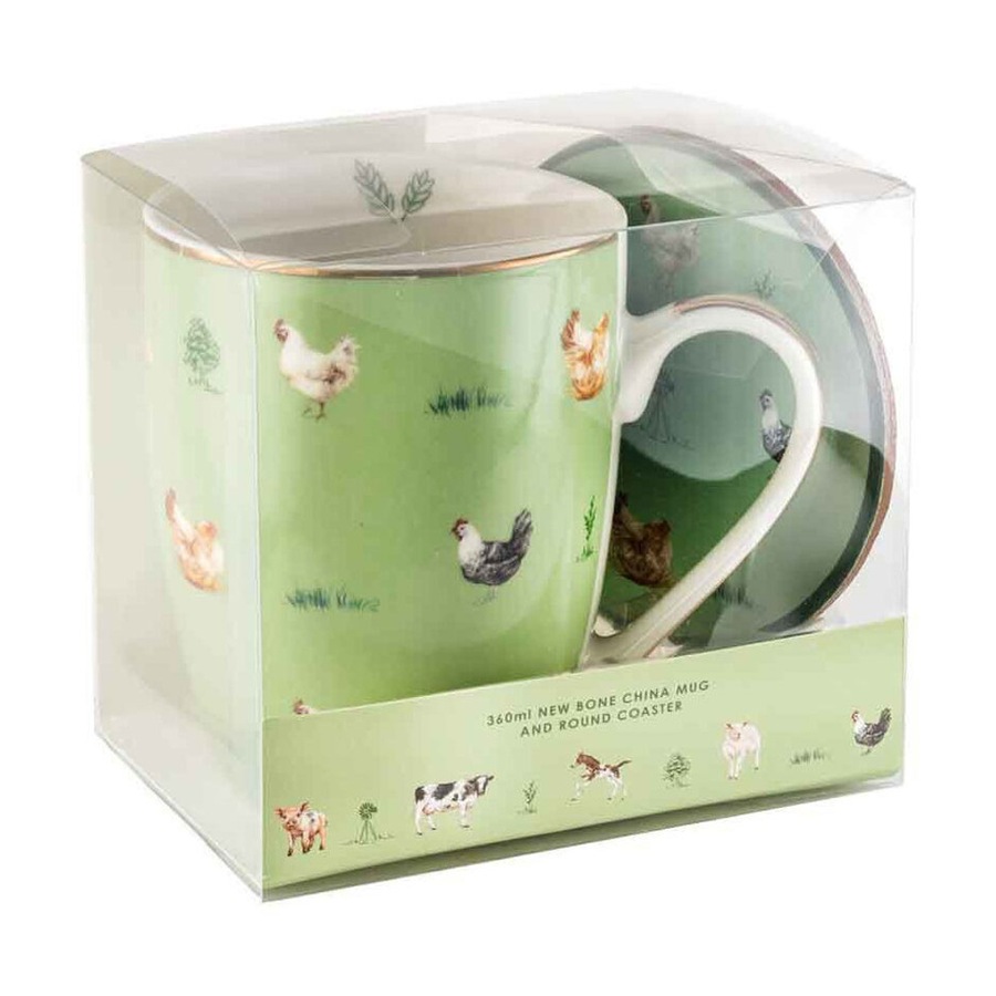 2PK LMD Chickens Farm Lane New Bone China Coffee Mug w/ Coaster 360ml Green