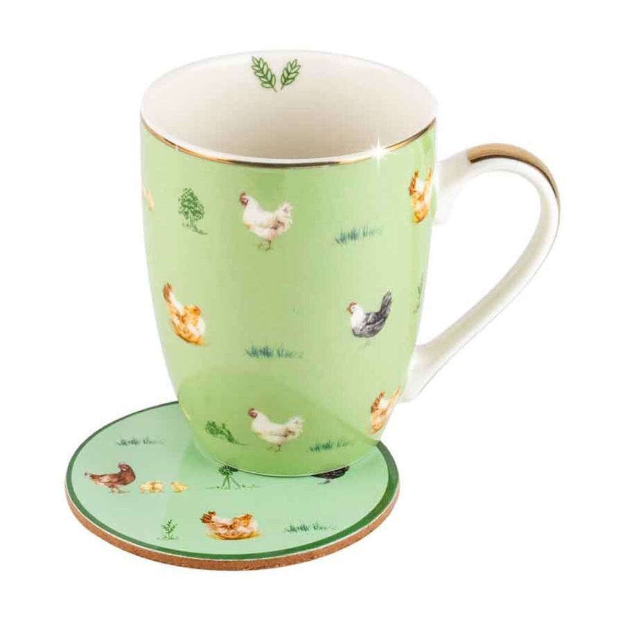 2PK LMD Chickens Farm Lane New Bone China Coffee Mug w/ Coaster 360ml Green