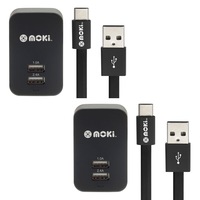 2PK Moki Wall Charger Adapter w/ Type-C Syncharge USB C Cable for Samsung/LG BLK
