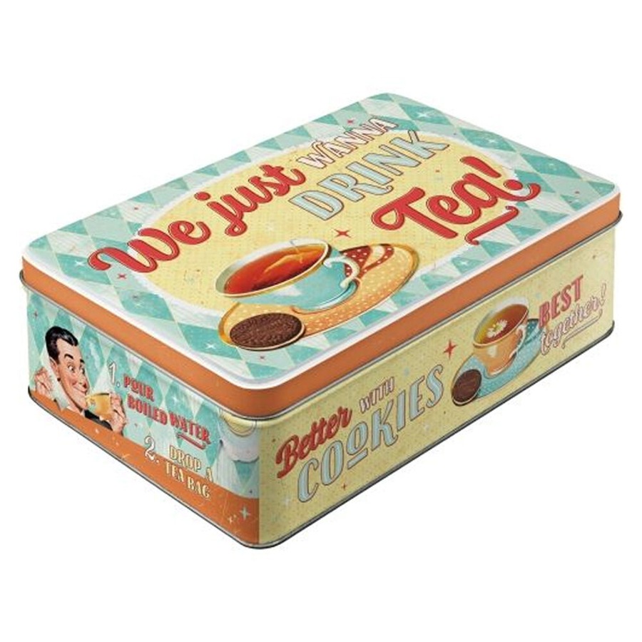 2PK Nostalgic-Art Flat Metal Storage Tin Container Tea & Cookies Together