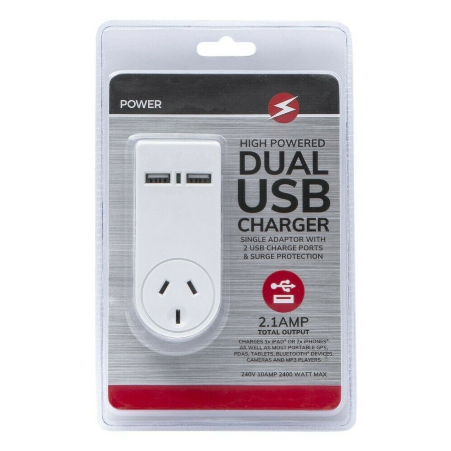 2PK Power 2.1 AMP Single Adapter & Dual USB Charger with Surge Protect f/Indoor