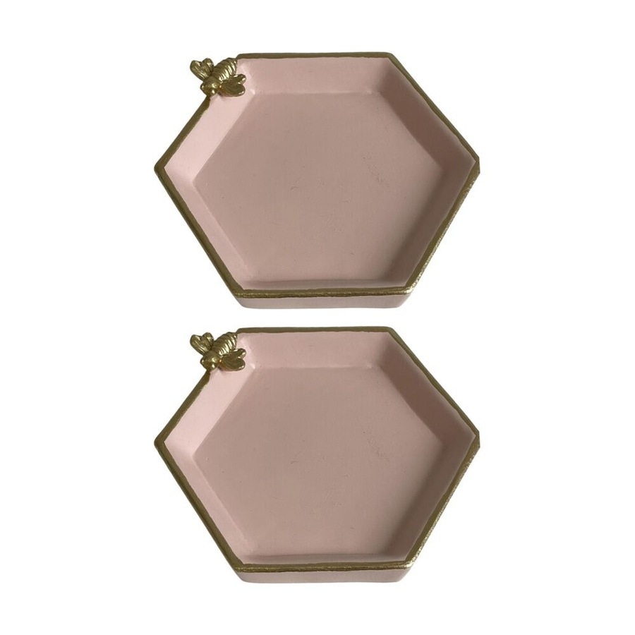 2PK SS Collective Petal Pink & Gold Trim Resin Bathroom Tray W/ Bee 11x10cm