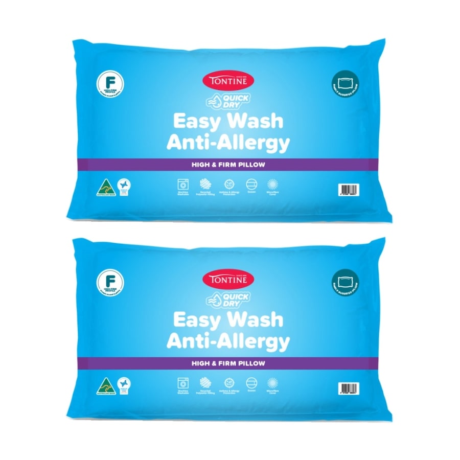 2PK Tontine Quick Dry Easy Wash Anti Allergy Bedding Pillow High & Firm