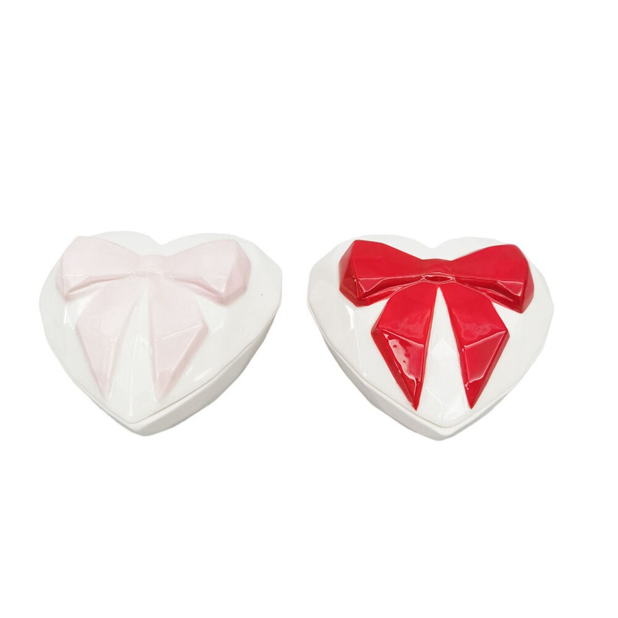 2PK Urban Ceramic Heart w/ Bow Trinket Storage Box 9cm Pink/White