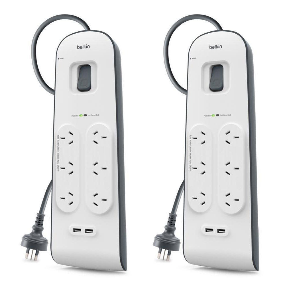 2x Belkin 6 Way Outlet Surge Protector 2M Power Board 2.4A w 2 USB Port Charger