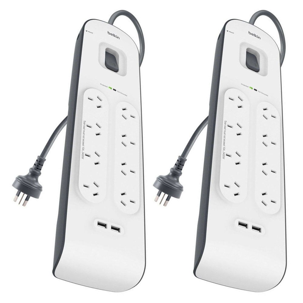 2x Belkin 8 Way Outlet Surge Protector 2M Power Board 2.4A w/ 2 USB Port Charger