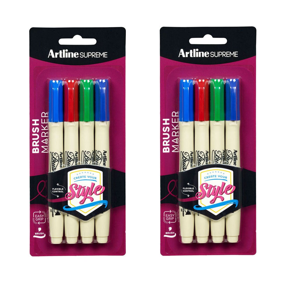 2x 4pc Artline Supreme Brush Markers Crafts School/Office Pen Assorted Colours