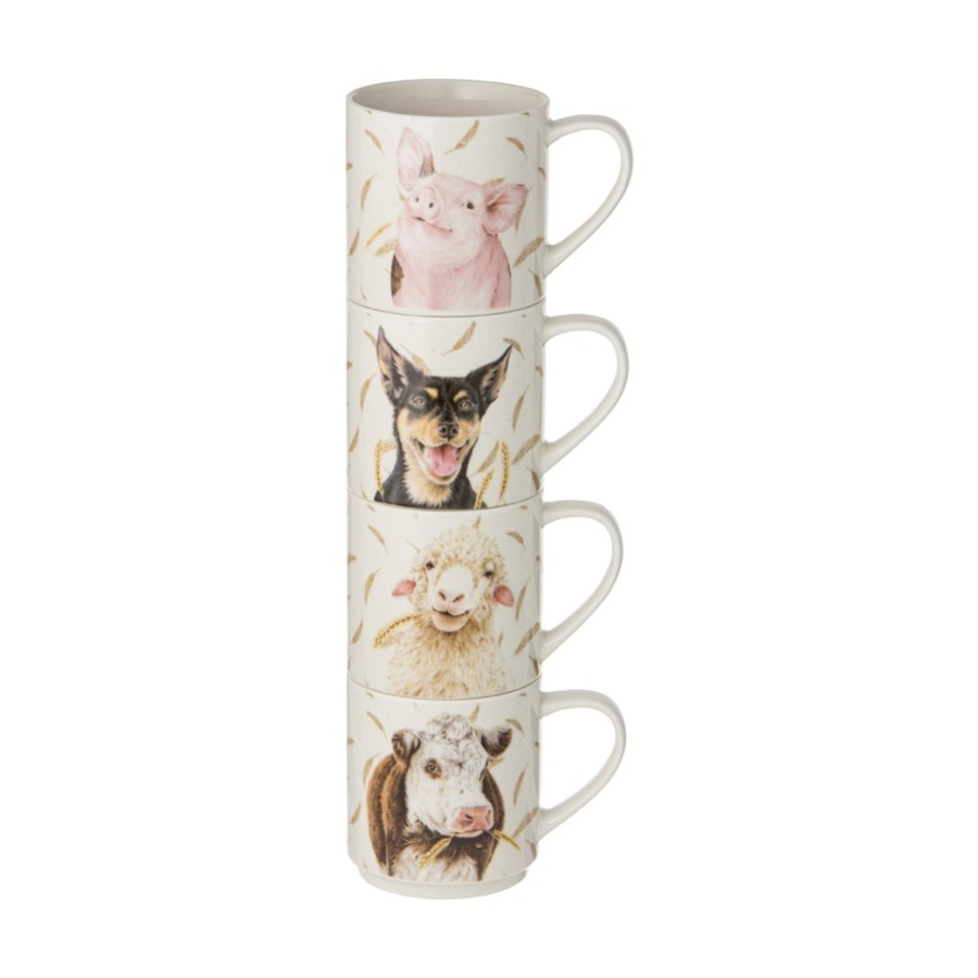 2x 4pc Ashdene Farmyard Faces New Bone China Stackable Cups Drinking Mugs