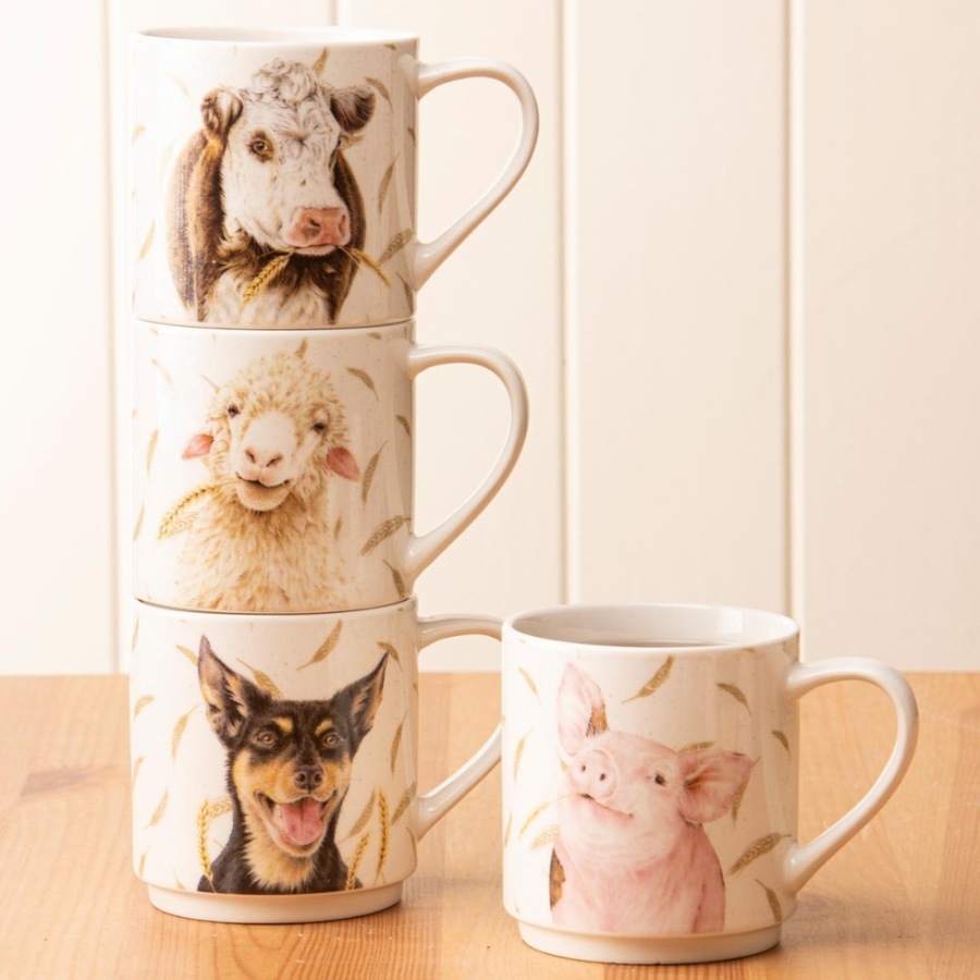 2x 4pc Ashdene Farmyard Faces New Bone China Stackable Cups Drinking Mugs