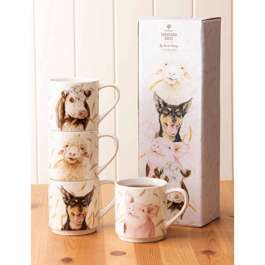 2x 4pc Ashdene Farmyard Faces New Bone China Stackable Cups Drinking Mugs