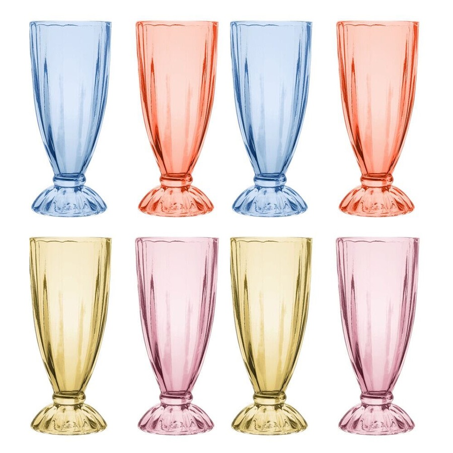 2x 4pc Porto Soda Lime Glass Milkshake Cups 340ml Citron, Ruby, Sky, Rose